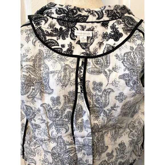 CHARTER CLUB Women's M 100% LINEN Shirt Jacket Black White Floral Paisley Button - Picture 8 of 10